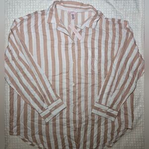 Victorias Secret LS Pajama Top Size M Beige White Stripe Cotton Modal NWT